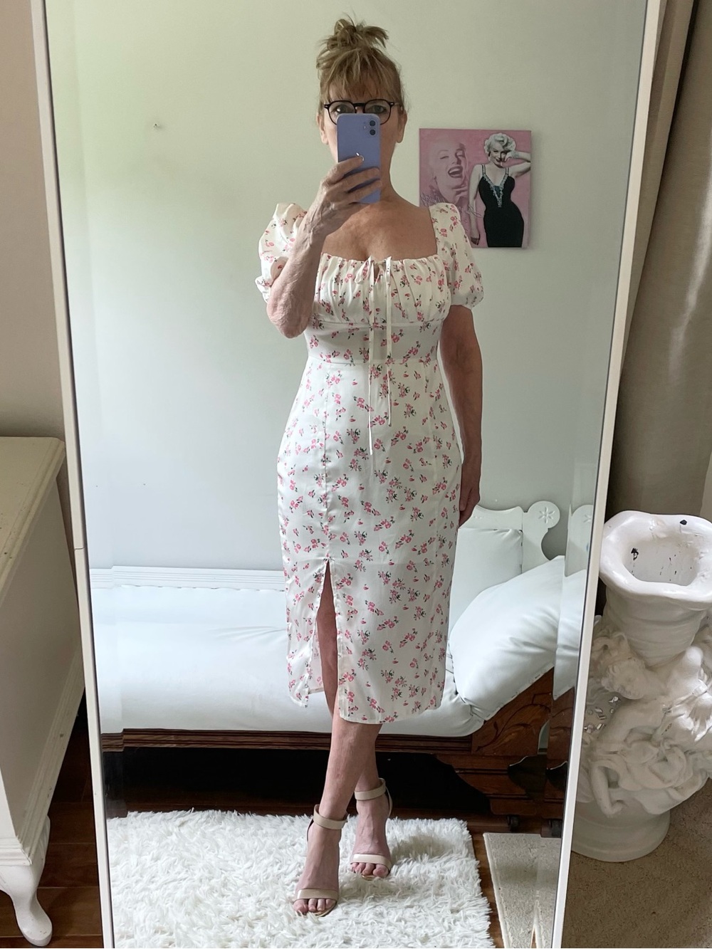 WHITE MILK MAID DRESS PINK FLOWERS LINED SIDE SLIT ZIPPER FORM FIT WIGGLE DRESS